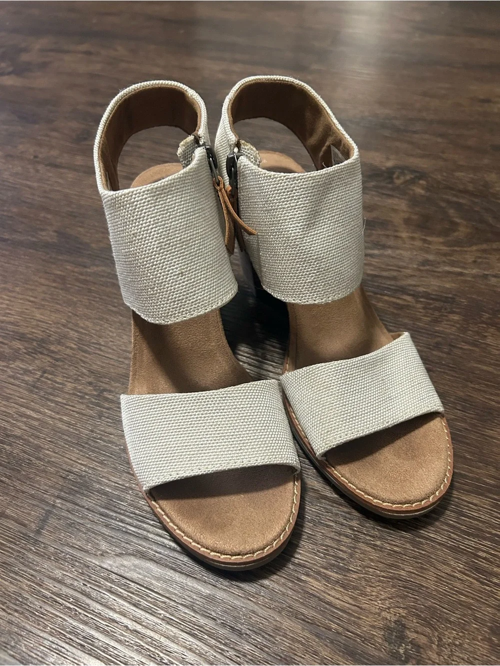 Toms Cream Canvas Ankle Strap Heels